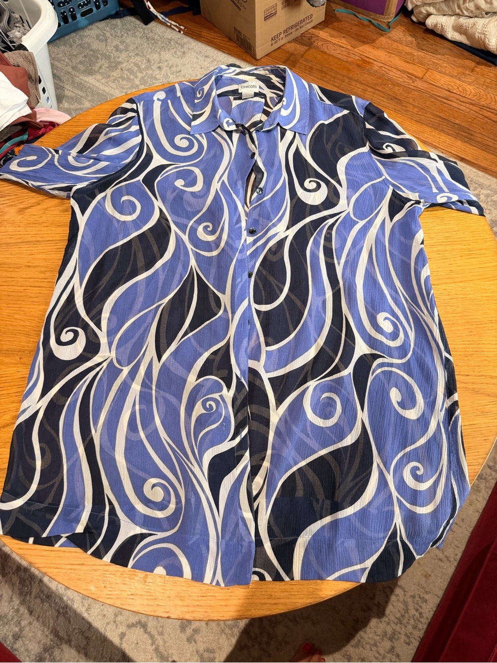 Chico's Blue, Black & White Silk Swirl Button-Down Top